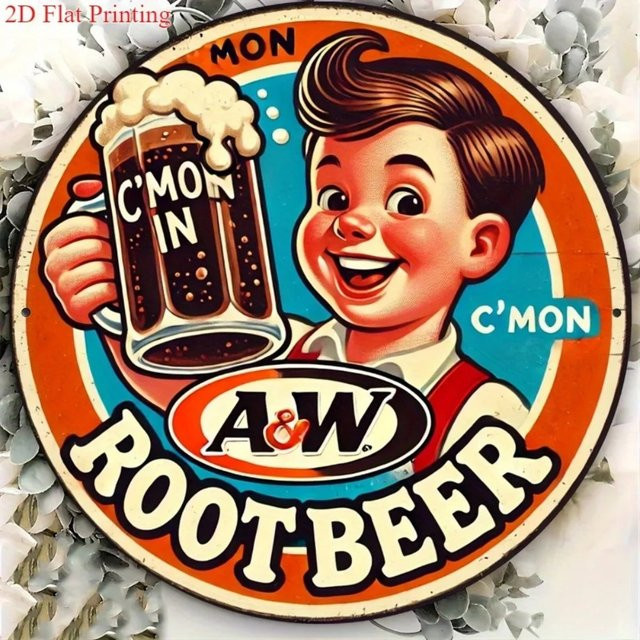 A&W Root Beer Vintage Metall-Wandkunst, Runde Aluminium-Dekoration für Küche und Bar, Mehrfarbig, Durchmesser: 20,32 cm - Bild 1