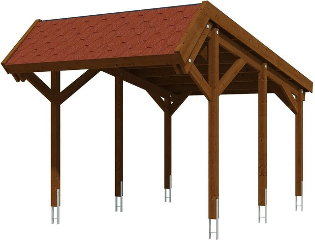 Skan Holz Carport Harz aus Nadelholz in Nussbaum mit roten Dachschindeln B: 321 cm, T: 560 cm - Bild 1