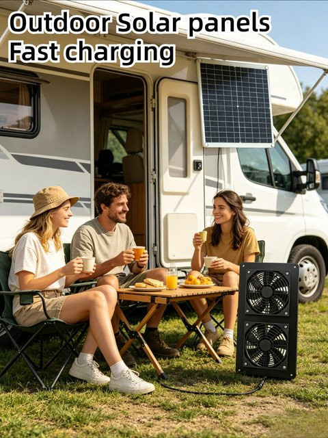 EESBAO Wasserdichtes 30W Solarpanel mit Doppel-Abluftventilator in Schwarz für Wohnmobile, Gewächshäuser und Tierhäuser als Outdoor-Belüftungs- und Kühlsystem - Bild 1
