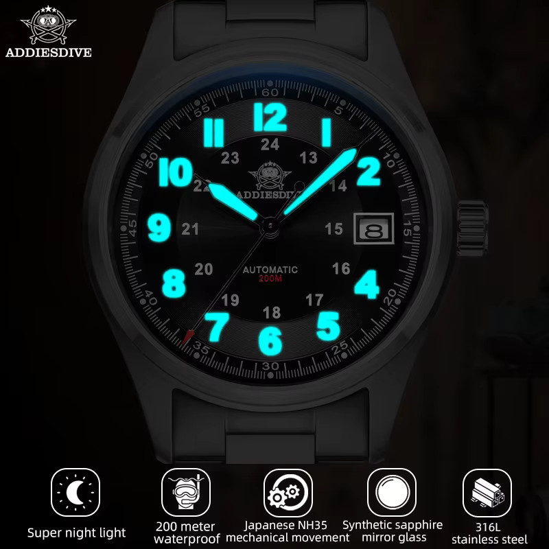 ADDIESDIVE Automatik-Armbanduhr, Edelstahl, Saphirglas, Schwarz, Herren - Bild 5
