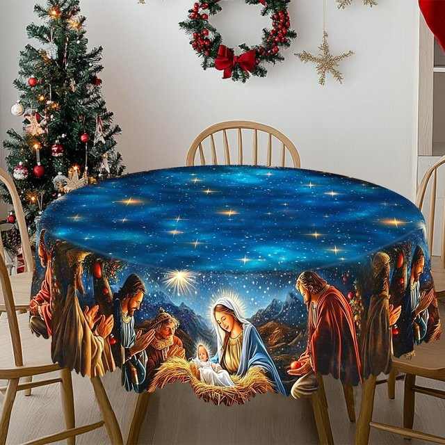 JINGYUE Pet Weihnachts-Tischdecke im Vintage-Bauernhaus-Stil mit Weihnachtsmann, Rentier und Weihnachtsbaum, wasserabweisend, Blau, B: 140 cm, L: 180 cm - Bild 1