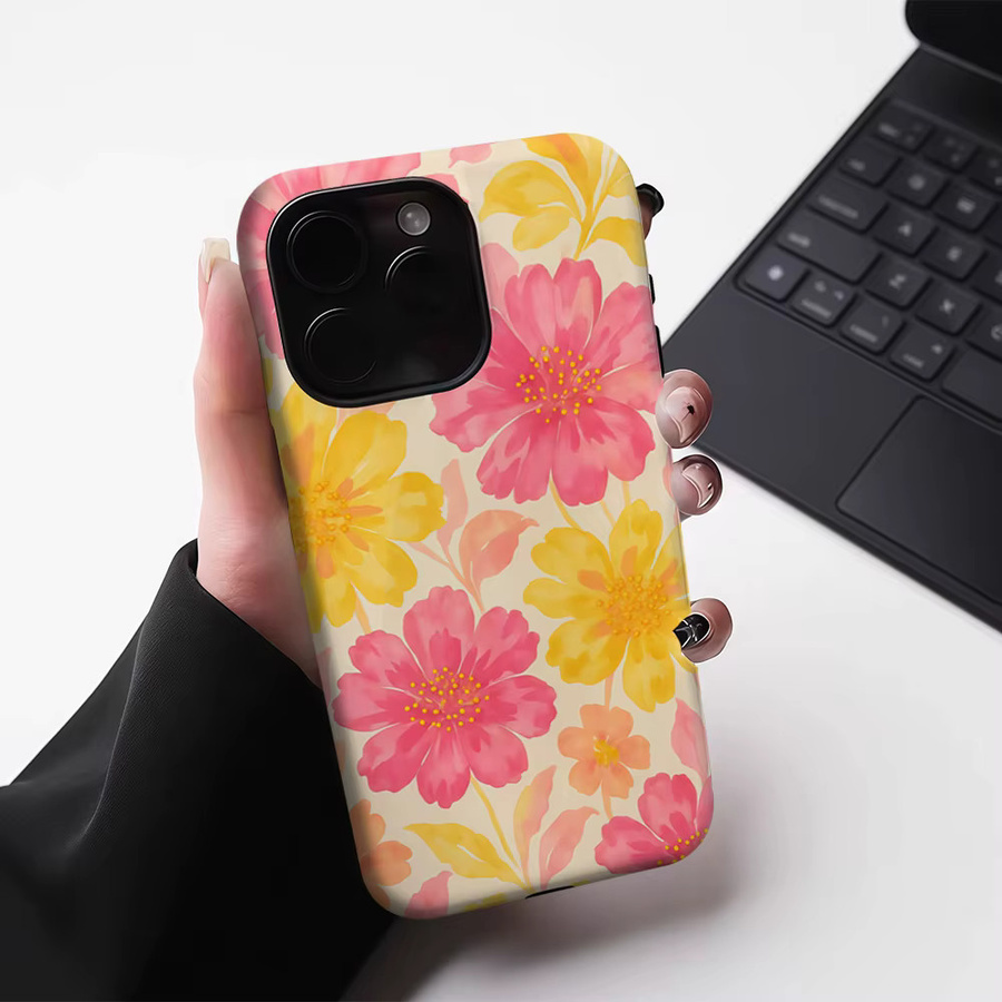 Potdemiel Handyhülle mit rosa und gelben Blüten für iPhone 17 16 15 14 13 Pro Max Plus, robuste magnetische Einzel- und Doppelschicht-Schutzhülle - Bild 3