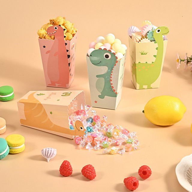 12er Set bunte Popcorn- und Keksboxen mit Cartoon-Dinosaurier-Muster aus Papier für Kindergeburtstage und Partys - Bild 1