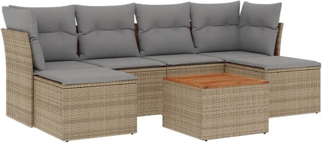 vidaXL 7-teilige Garten-Sofagarnitur aus Polyrattan in Beige mit Kissen und L-Form - Bild 1