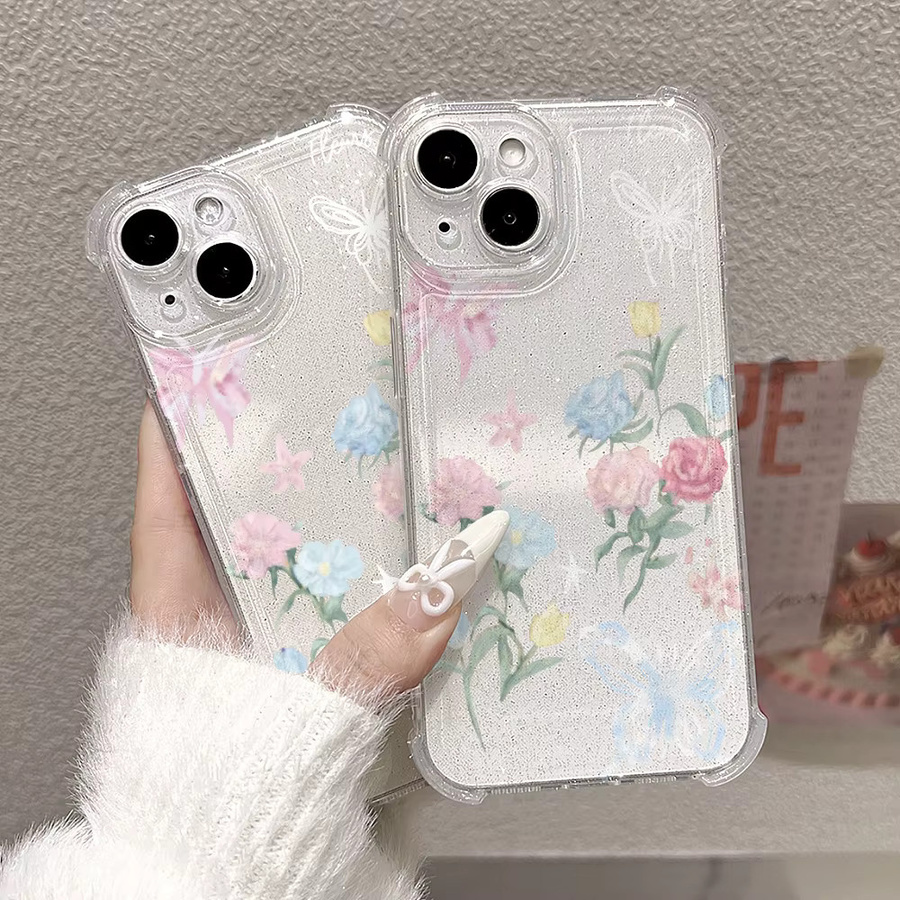 Caynes Stoßfeste TPU-Handyhülle mit Blumen- und Schmetterlings-Design für iPhone 17 16 15 14 13 12 11 Pro Max Air aus transparentem Silikon - Bild 2