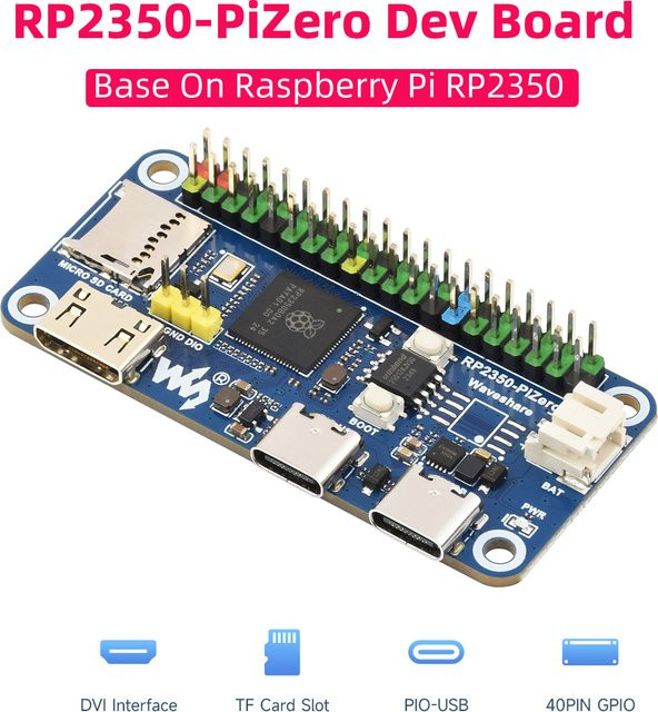 Waveshare RP2350-PiZero Entwicklungsboard Raspberry Pi Pico 2 Basis mit RP2350B, 16M Flash, DVI und PIO-USB-Schnittstelle in Blau - Bild 1
