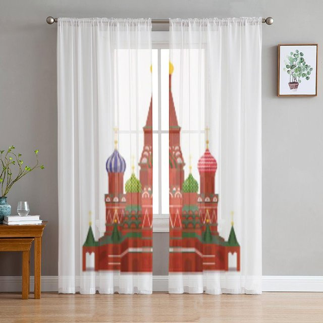 Transparente Chiffon-Vorhänge mit Moskau Basilius-Kathedrale Illustration von Super Six in Weiß, Breite: 135 cm, Höhe: 114 cm - Bild 1