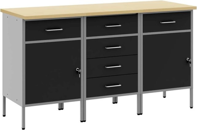 vidaXL Werkbank mit Schubladen in Schwarz und Grau, 3-teiliges Set aus Holz und Stahl, B/T/H: 75 x 45 x 85 cm - Bild 1