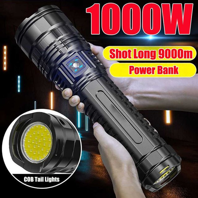 JIASHUAIXIN LED Taschenlampe mit 10000 lm und 15000 mAh Akku, taktischer Notfallstrahler in Schwarz mit Blitzlichtfunktion - Bild 1