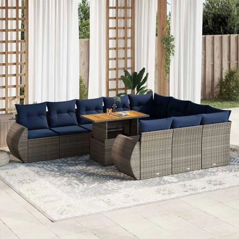 11-teilige moderne Garten-Sofagarnitur aus Poly-Rattan mit Kissen in Grau von vidaxl - Bild 1