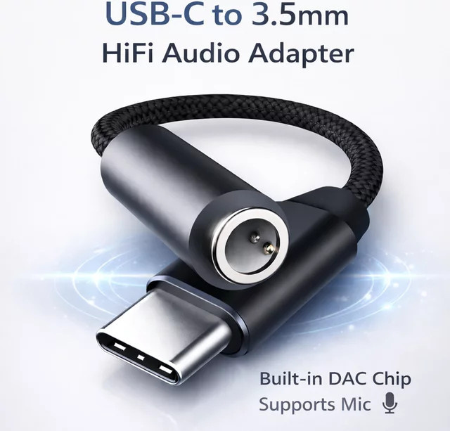 Parallel World USB-C auf 3,5 mm Audio-Adapter mit DAC HiFi Kopfhöreranschluss, Typ-C zu Aux Konverter in Schwarz - Bild 1