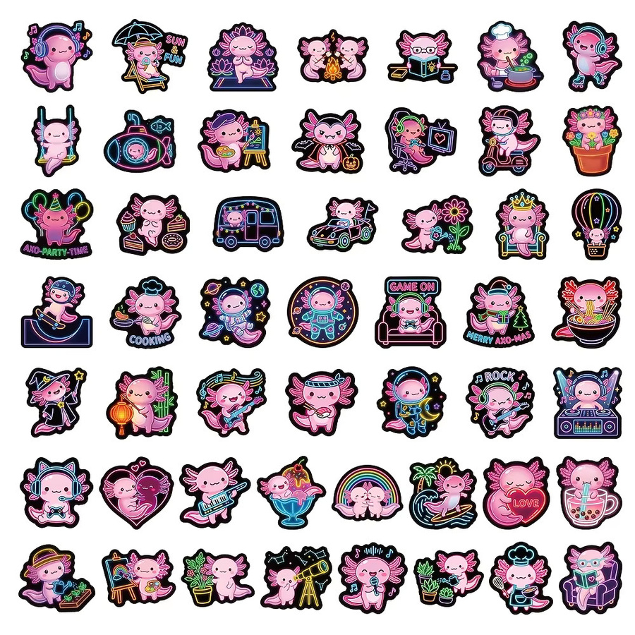 50 Stück Neon-Axolotl Aufkleber in Multicolour als bunte Cartoon-Doodles zur Dekoration von Laptops, Handyhüllen und Wasserflaschen - Bild 3
