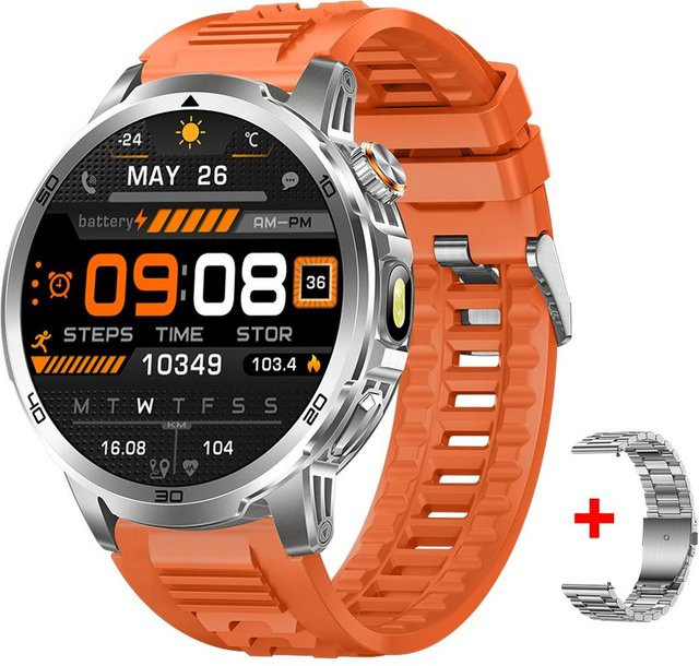 MEVADEN Smartwatch für Herren mit Bluetooth Anruffunktion, 1,85 Zoll Display, Herzfrequenzmesser, SpO2, Schlafüberwachung und LED Taschenlampe, Orange - Bild 1