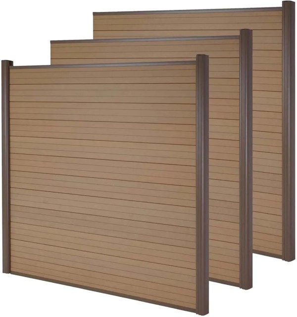 MCW WPC-Sichtschutz Savoie Windschutz Zaun mit Alu-Pfosten, 3er Set, 5,6m, Farbe Teak - Bild 1