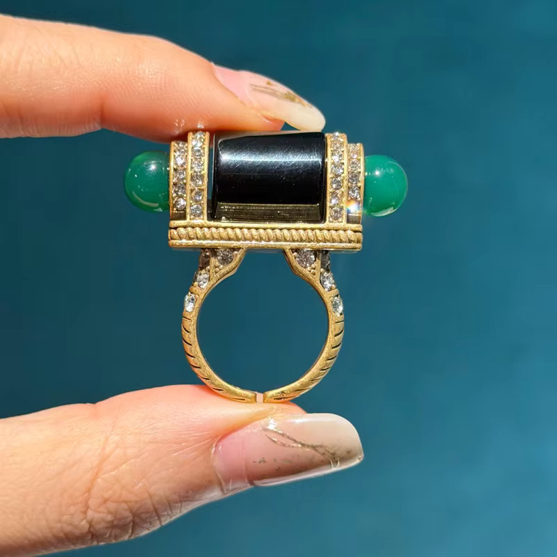 Icareu Ring, schwarzer Achat, grüner Naturstein, goldfarben, Damen - Bild 7