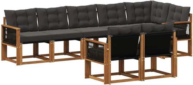 vidaXL Outdoor-Sofagarnitur L-Form aus massivem Akazienholz mit 8 Textilene-Kissen in Schwarz und Natur - Bild 1