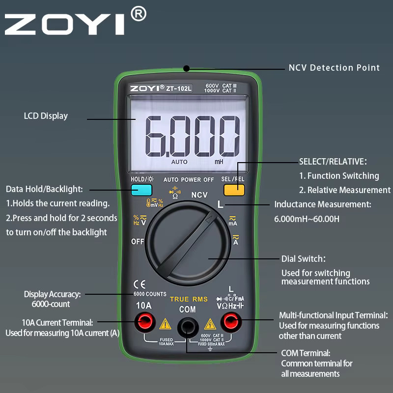 Zoyi ZT-102L Digitales Multimeter mit automatischer Reichweite und Induktivität in Grün - Bild 2
