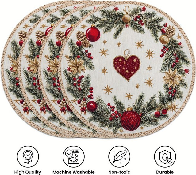 VIKAMA 4er Set Weihnachts-Mahlzeitmatten aus Leinen in Herzform mit Beeren, Gold und Glocken Motiv in Mehrfarbig - Bild 1