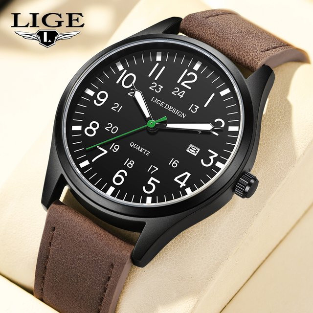 LIGE Armbanduhr Quarz, Leder, Schwarz, Datum, Herren - Bild 1