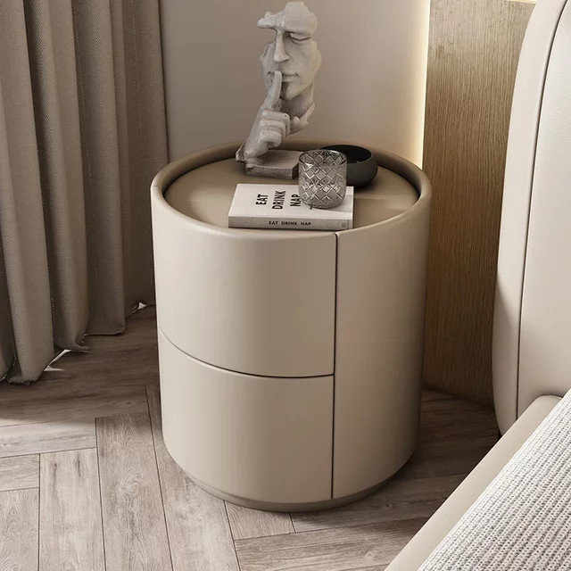 Moderner runder Nachttisch aus massivem Holz in Beige für dein Schlafzimmer oder Wohnzimmer - Bild 1