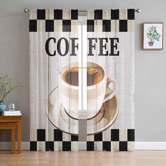 Transparente Vorhänge Kaffee Retro Holzmaserung Karomuster aus Tüll Voile Organza, Farbe: Weiß, Breite: 135 cm, Höhe: 115 cm - Bild 1