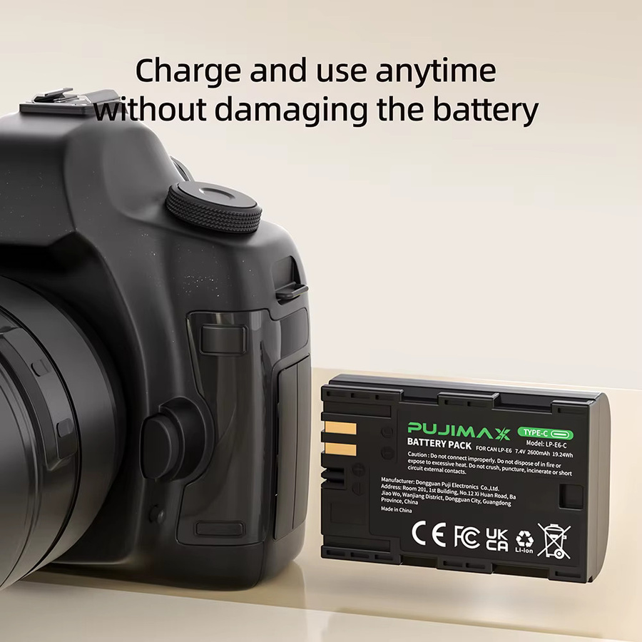 PUJIMAX LP-E6NH Ersatzakku mit 2600mAh und USB-C-Eingang für Canon R7 R5 R6 5D IV 6D II 7D II 60D in Schwarz - Bild 4