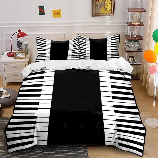 Bettwäsche-Set mit Klaviertastaturmuster in Schwarz, bestehend aus 1 Bettbezug und 2 Kissenbezügen, B/H: 135 x 200 cm - Bild 1