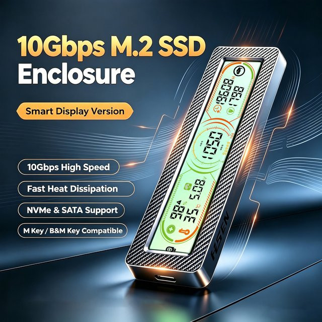 HSEN M.2 SSD-Gehäuse mit Smart-Display für NVMe PCI-E und SATA, USB 3.2 Gen 2 10Gbps, Echtzeit-Gesundheitsmonitor - Bild 1