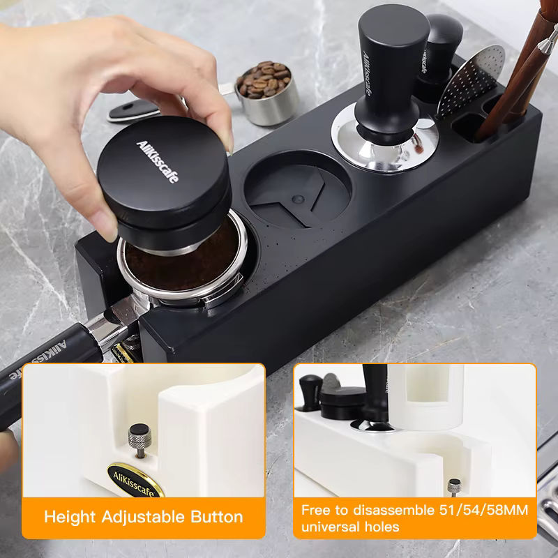ALIKISSCAFE Espresso Tamping Station und Tamper Distributor Stand in Schwarz für 51mm, 54mm und 58mm Siebträger Barista Kaffee Zubehör - Bild 4