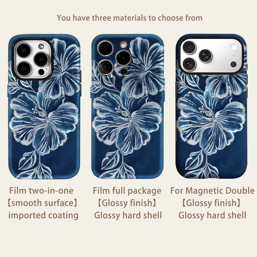 Robuste doppelschichtige Handyhülle mit Blumenmuster von Potdemiel für iPhone 17 16 15 14 13 Pro Max Plus, Marineblau und Weiß, magnetisch kompatibel - Bild 2