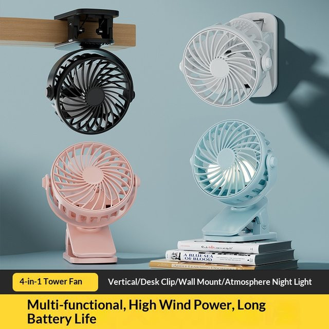 HOMEFISH Tragbarer Clip-Ventilator mit 720 Grad Drehung, Wiederaufladbarer Hängeventilator mit Nachtlicht in Schwarz - Bild 1