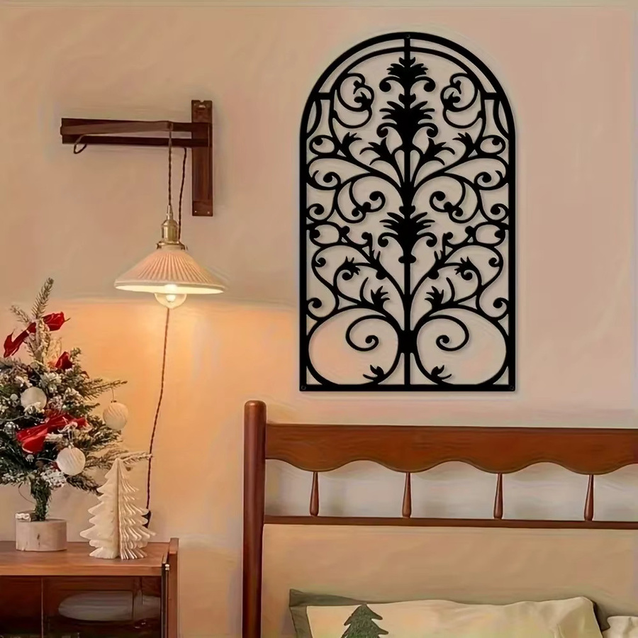 CIFBUY Gotische Bogen-Metallwandkunst in Schwarz mit floralem Design als barocke Eisenfenster-Dekoration - Bild 2