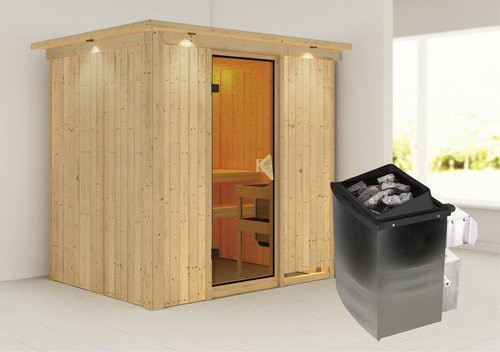 Karibu Sauna Kothla aus Fichtenholz in Beige inklusive 9 kW Saunaofen mit integrierter Steuerung für 3 Personen, B/T/H: 210 x 202 x 165 cm - Bild 1