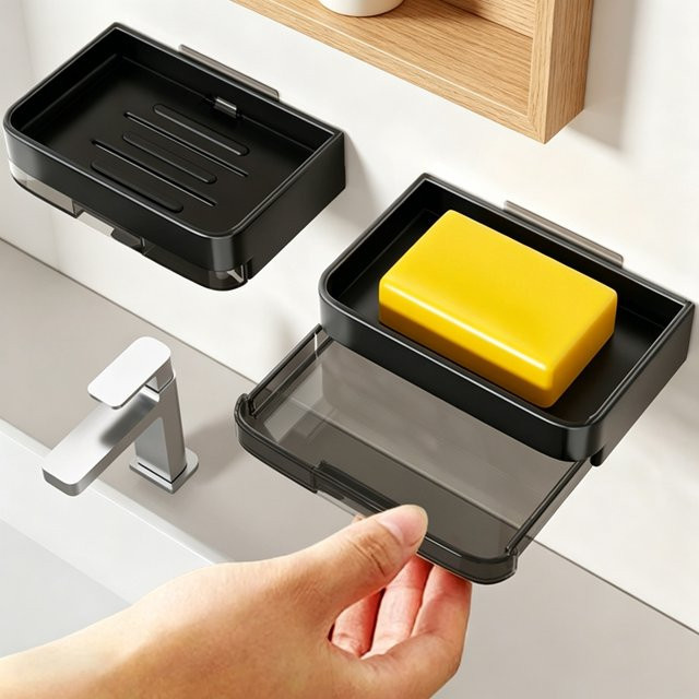 YUNJIEYA Seifenhalter aus Aluminiumlegierung mit Wasserablauf für das Badezimmer, Wandmontage ohne Bohren, Schwarz oder Weiß - Bild 1