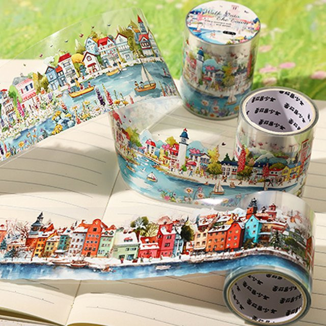 Mr.Paper Washi-Tape Walk Into The Town Serie, 3 Rollen PET-Klebeband mit Aquarell-Landschafts-Motiven in Multicolour für Scrapbooking und DIY - Bild 1