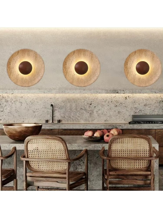 Moderne Wandleuchte aus Naturstein und Holz in Braun und Beige, Up-Down-Licht für Schlafzimmer, Esszimmer oder Flur, Durchmesser: 25 cm - Bild 4