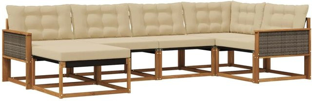 vidaXL Outdoor-Sofagarnitur aus Akazienholz mit Kissen in Braun und Beige, L-Form mit Ottoman und Textilene-Elementen - Bild 1