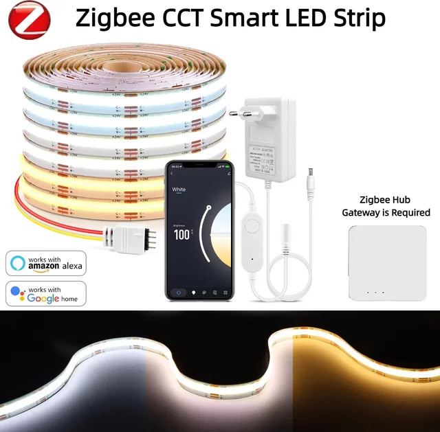 Gyarfas Smart Zigbee CCT COB LED Streifen, 24V, dimmbar, 608 LEDs/m, 2700K-6500K, kompatibel mit Alexa und Google Home via Zigbee Gateway - Bild 1