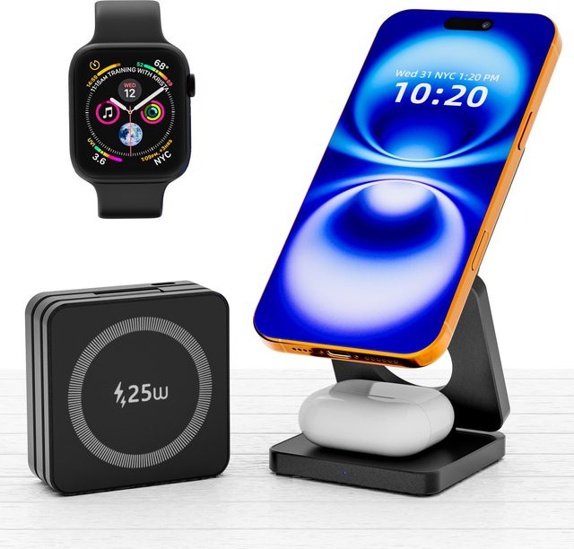 ILEPO 3-in-1 Qi2.2 magnetisches kabelloses Ladegerät 25 W faltbarer Schnellladeständer in Orange für iPhone 16/17 - Bild 1