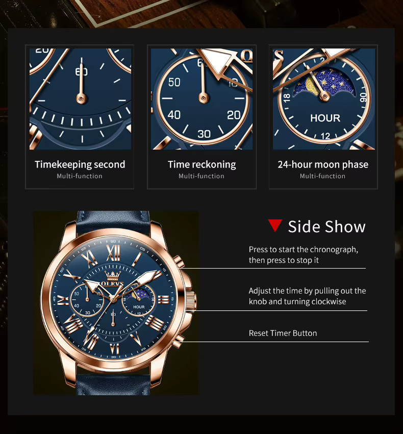 OLEVS Chronograph, Quarz, Lederarmband, Blau, Herren - Bild 4