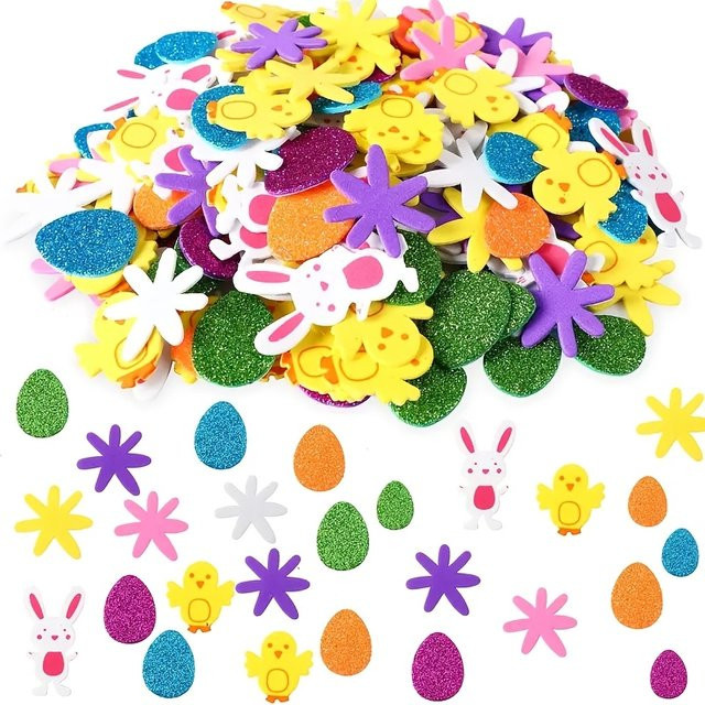100-teiliges Oster-Aufkleber-Set aus Schaumstoff in Multicolour mit Eier-, Häschen-, Küken- und Blumendesigns für Bastelarbeiten und Party-Dekorationen - Bild 1