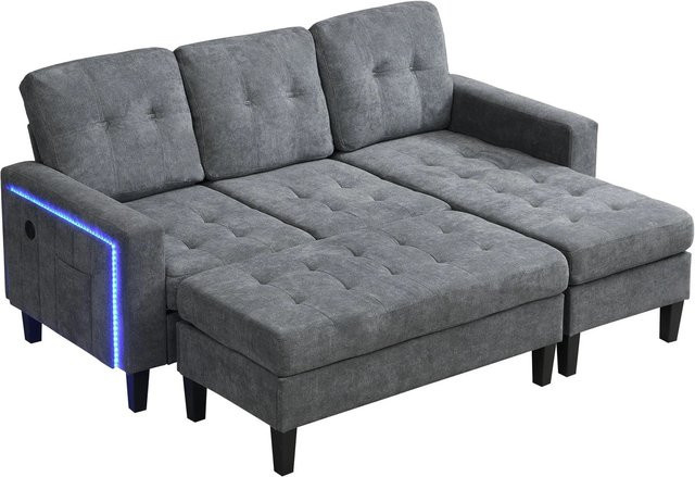Merax L-Sofa Set mit LED-Beleuchtung und USB-Ladefunktion, modulares Sofabett in Grau mit Stoffbezug und Holzrahmen, reversibel - Bild 1