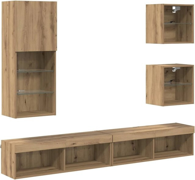 vidaXL TV Wand Einheiten mit LED in Artisan-Eiche, 5er Set, Braun, Holzwerkstoff, Wandmontage für dein Wohnzimmer - Bild 1