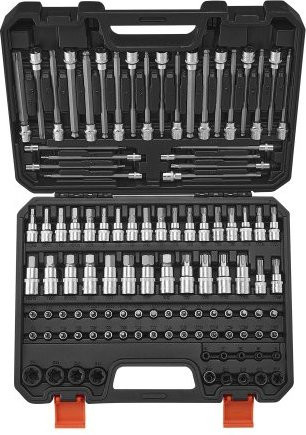VEVOR Bit Steckschlüssel-Set 107-teilig in Schwarz aus Chrom-Vanadium-Stahl mit SAE und Metrisch, Hex, Torx, External Torx, Tamper-Proof und Extra Lang, Antrieb 1/4 Zoll, 3/8 Zoll und 1/2 Zoll mit Aufbewahrungsbox - Bild 1