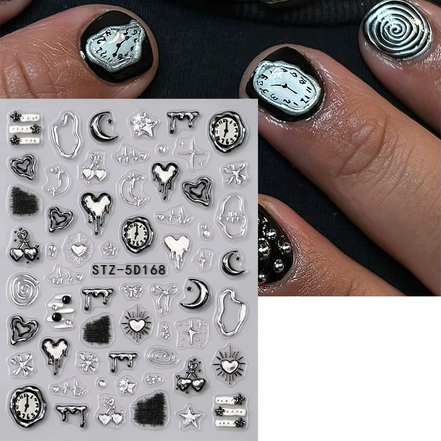 Full Beauty Nagelaufkleber 3D, Silberne Herz-Uhr, Mond Stern Schleifenmuster, 2 Stück - Bild 2