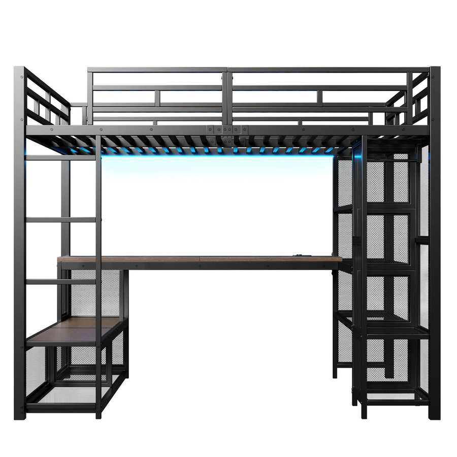 Merax Hochbett aus Metall und MDF mit Kleiderschrank, LED-Beleuchtung, USB-Ladeport und Treppe in Schwarz, B/T/H: 200 x 140 x 208 cm - Bild 2
