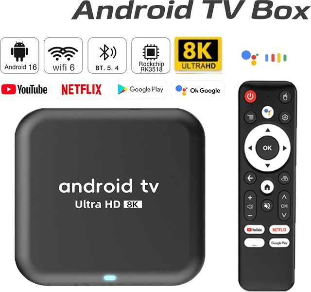 Q18 Smart TV Box Android 16 mit Rockchip RK3518 Quad Core, 4K UHD Media Streamer mit WiFi 6 und Bluetooth 5.4, Schwarz - Bild 1