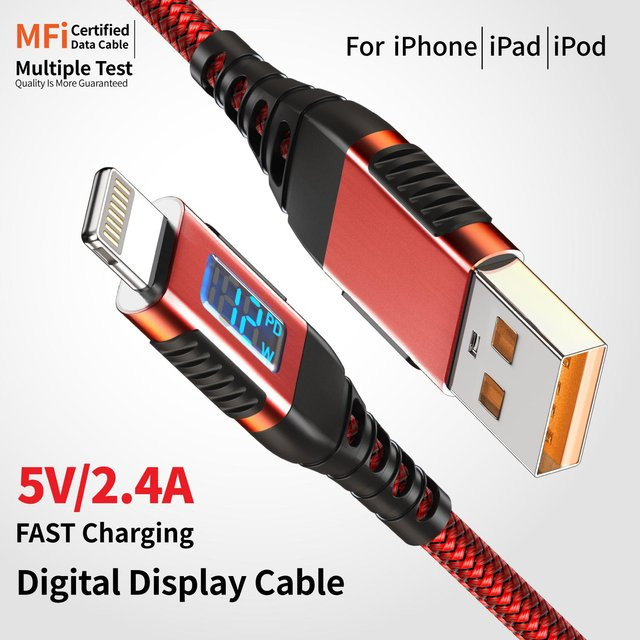 LAIHONEN MFi-zertifiziertes USB-A zu Lightning Ladekabel mit LED-Anzeige in Rot für 12W Schnellladung, kompatibel mit iPhone 8-14 und iPad - Bild 1