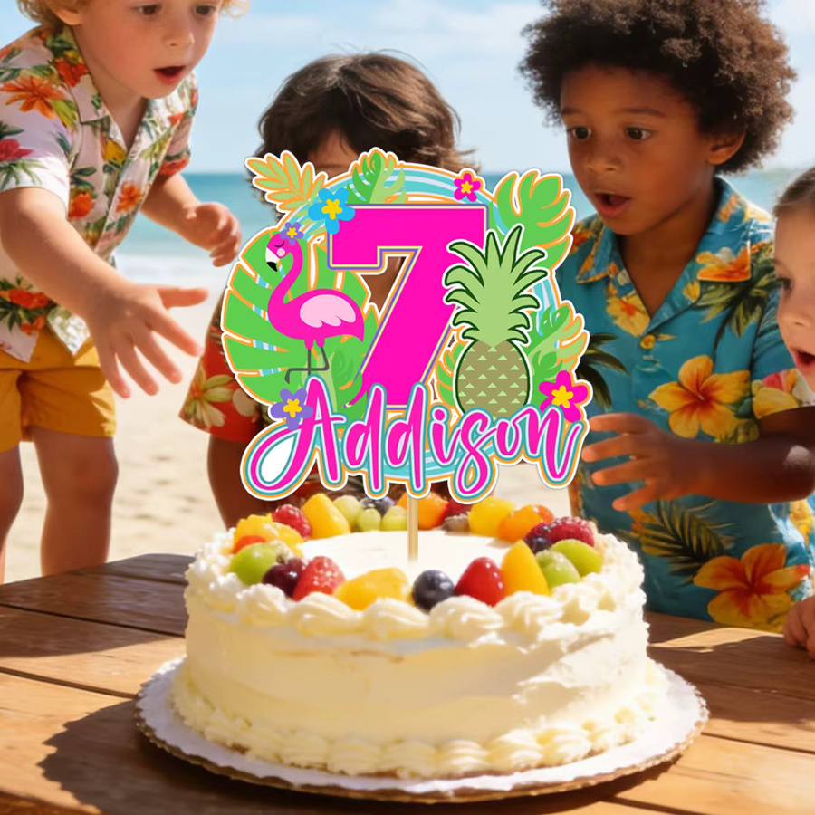 Personalisierte Flamingo Kuchendekoration mit Name und Alter für deine Hawaii-Themenparty, Multicolor, joy-enlife - Bild 2