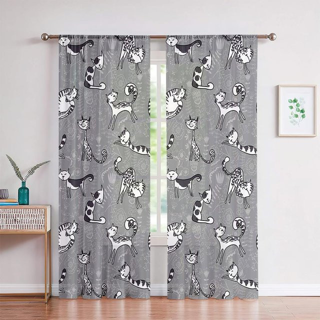2er-Set Fenstervorhänge mit Katzenmuster in Grau, halbtransparent, B: 50 cm, H: 140 cm - Bild 1